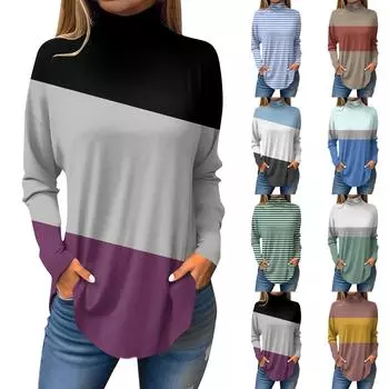 Женская модная повседневная футболка с длинным рукавом с высоким воротом и принтом, пуловер, топ L синий