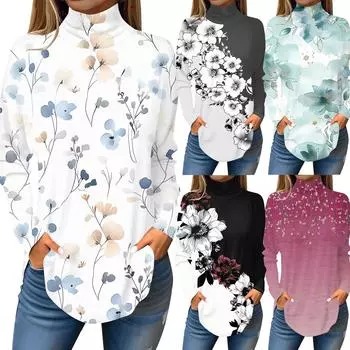 Женская модная повседневная футболка с длинным рукавом с высоким воротом и принтом, пуловер, топ L чёрный