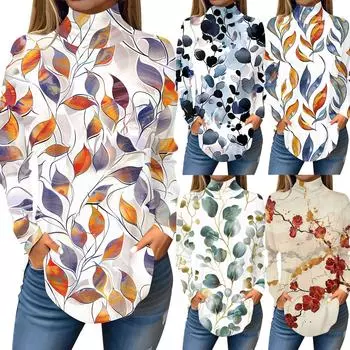 Женская модная повседневная футболка с длинным рукавом с высоким воротом и принтом, пуловер, топ L