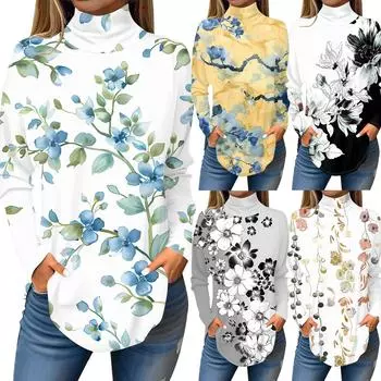Женская модная повседневная футболка с длинным рукавом с высоким воротом и принтом, пуловер, топ L