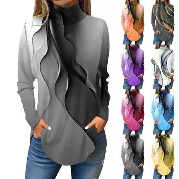 Женская модная повседневная футболка с длинным рукавом с высоким воротом и принтом, пуловер, топ L чёрный