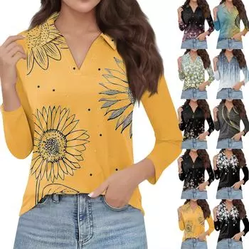 Женская модная повседневная футболка с длинным рукавом и V-образным вырезом с цветочным принтом и лацканами L чёрный