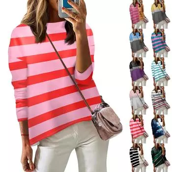 Женская модная повседневная футболка с длинным рукавом и круглым вырезом в полоску с принтом L чёрный