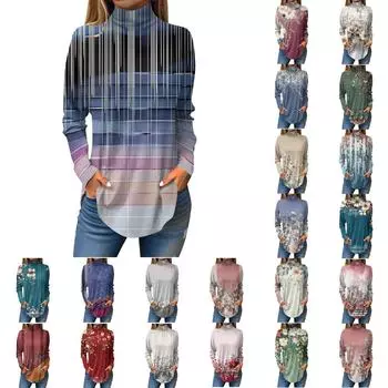 Женская модная повседневная футболка с длинным рукавом с высоким воротом и принтом, пуловер, топ L синий