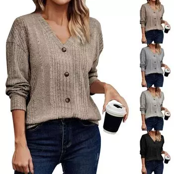 Женская модная повседневная футболка с длинным рукавом на пуговицах L бежевый