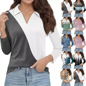 Женская модная повседневная футболка с длинным рукавом и V-образным вырезом с цветочным принтом и лацканами XXL чёрный