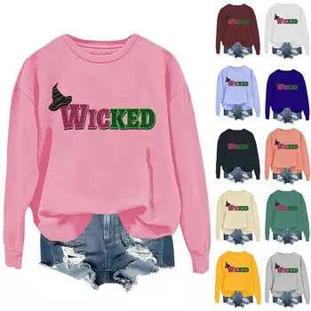 Женская модная повседневная футболка с длинным рукавом и круглым вырезом с принтом ведьмы S зелёный