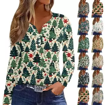 Женская модная повседневная футболка с длинным рукавом и V-образным вырезом на рождественском принте на пуговицах M бежевый