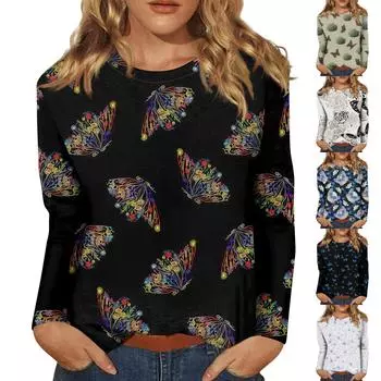 Женская модная повседневная футболка с длинным рукавом и принтом бабочек, с круглым вырезом M фиолетовый