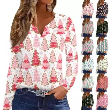 Женская модная повседневная футболка с длинным рукавом и V-образным вырезом на рождественском принте на пуговицах XXXL зелёный