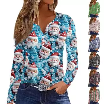 Женская модная повседневная футболка с длинным рукавом и V-образным вырезом на рождественском принте на пуговицах L синий