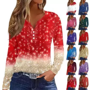 Женская модная повседневная футболка с длинным рукавом и V-образным вырезом на рождественском принте на пуговицах XL красный