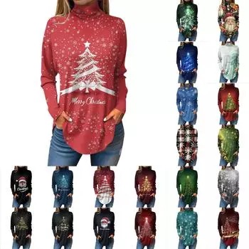 Женская модная повседневная футболка с длинным рукавом с высоким воротом и принтом, пуловер, топ L чёрный