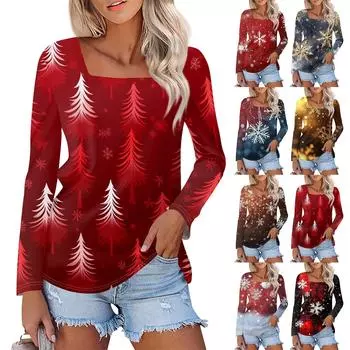 Женская модная повседневная футболка с длинным рукавом и рождественским принтом снежинок L красный