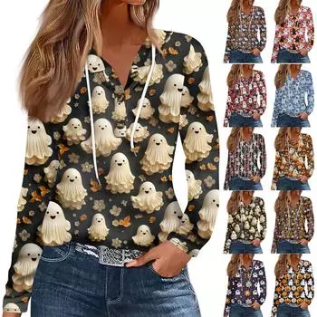 Женская модная повседневная футболка с длинным рукавом на пуговицах с капюшоном и принтом на Хэллоуин XXL