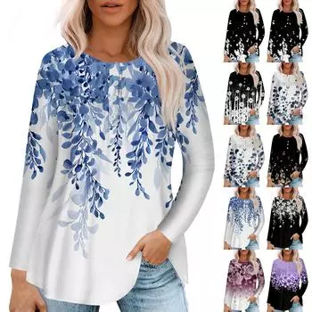 Женская модная повседневная футболка с длинным рукавом, круглым вырезом, пуговицами, пэчворком, плиссированным винтажным цветочным принтом M