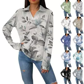 Женская модная повседневная футболка с длинным рукавом и V-образным вырезом с цветочным принтом и лацканами L чёрный