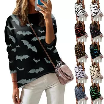 Женская модная повседневная футболка с длинным рукавом и круглым вырезом с принтом на тему Хэллоуина XXXL бежевый