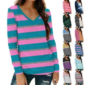 Женская модная повседневная футболка с длинным рукавом и V-образным вырезом в полоску с принтом и карманом L бежевый