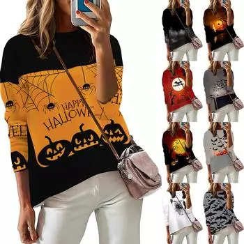 Женская модная повседневная футболка с длинным рукавом и круглым вырезом с принтом на тему Хэллоуина XL серый
