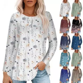 Женская модная повседневная футболка с длинным рукавом, круглым вырезом, пуговицами, пэчворком, плиссированным винтажным цветочным принтом M синий