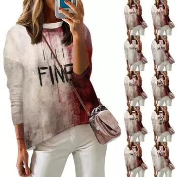 Женская модная повседневная футболка с длинным рукавом и круглым вырезом с принтом на тему Хэллоуина M