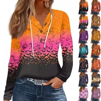 Женская модная повседневная футболка с длинным рукавом на пуговицах с капюшоном и принтом на Хэллоуин XL золотой