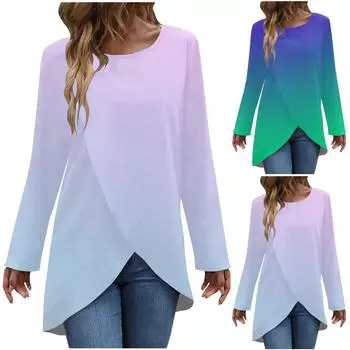 Женская модная повседневная футболка с длинным рукавом и круглым вырезом с перекрестным подолом L зелёный