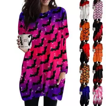 Женская модная повседневная футболка с длинным рукавом и принтом на Хэллоуин с круглым вырезом и двумя карманами XXL белый