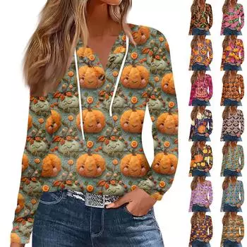 Женская модная повседневная футболка с длинным рукавом на пуговицах с капюшоном и принтом на Хэллоуин XXXL имбирный