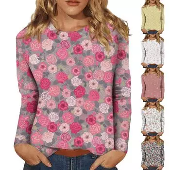 Женская модная повседневная футболка с длинным рукавом с цветочным принтом и круглым вырезом, топы XXXL зелёный