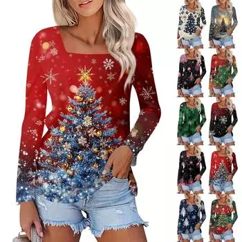Женская модная повседневная футболка с длинным рукавом и принтом елки и снежинки XXXL синий