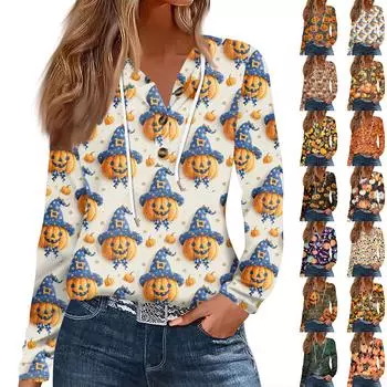 Женская модная повседневная футболка с длинным рукавом на пуговицах с капюшоном и принтом на Хэллоуин M фиолетовый