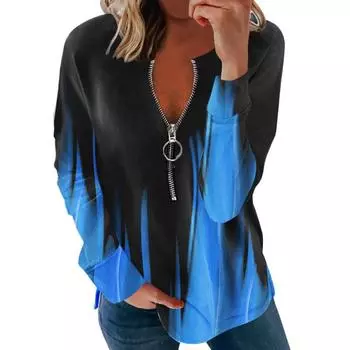 Женская модная повседневная футболка с длинным рукавом и воротником-молнией и топ S чёрный