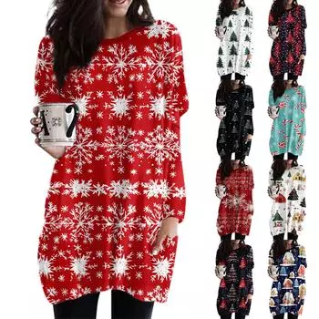 Женская модная повседневная футболка с длинным рукавом и рождественским принтом, круглым вырезом и двумя карманами XXXL