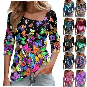 Женская модная повседневная футболка с длинным рукавом и принтом бабочки с косым вырезом, топ XL зелёный