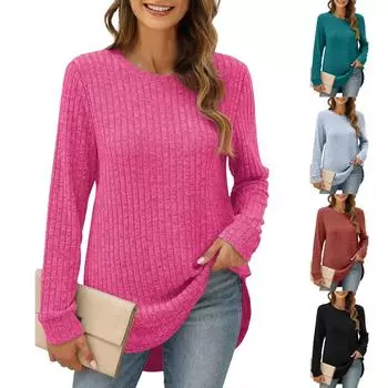 Женская модная повседневная футболка с длинным рукавом, однотонный свободный топ с круглым вырезом L