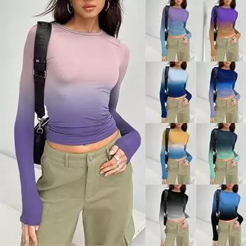 Женская модная повседневная футболка с длинным рукавом градиентного цвета и круглым вырезом, тонкий короткий топ L чёрный