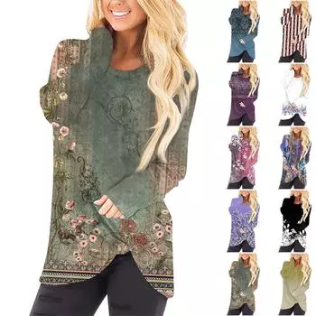 Женская модная повседневная футболка с длинным рукавом и круглым вырезом с принтом, топ L чёрный