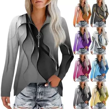 Женская модная повседневная футболка с длинным рукавом и принтом в виде линии, застегивающаяся на молнию, с лацканами M