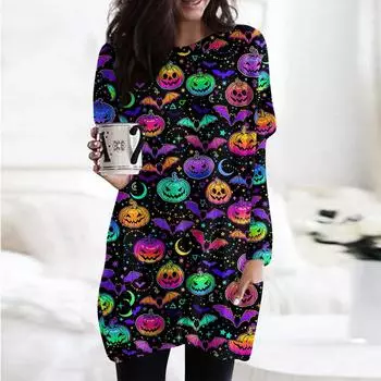 Женская модная повседневная футболка с длинным рукавом и принтом на Хэллоуин с круглым вырезом и двумя карманами L