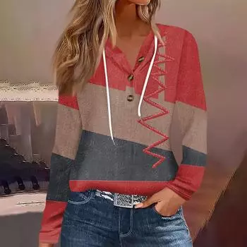 Женская модная повседневная футболка с длинным рукавом на пуговицах с капюшоном и принтом M красный