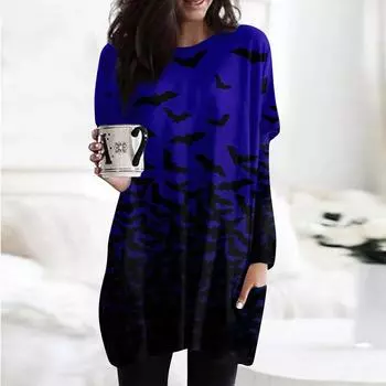 Женская модная повседневная футболка с длинным рукавом и принтом на Хэллоуин с круглым вырезом и двумя карманами XXXL