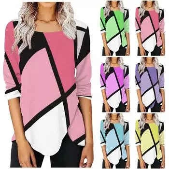 Женская модная повседневная футболка с длинным рукавом с круглым вырезом и длинными рукавами, нерегулярный цвет, футболка с длинным рукавом с принтом, топ