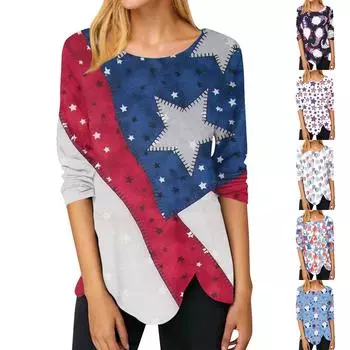 Женская модная повседневная футболка с длинными рукавами с круглым вырезом и нерегулярным принтом в честь Дня независимости, топ L светло-синий
