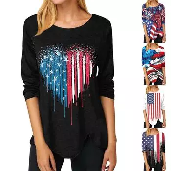 Женская модная повседневная футболка с длинными рукавами и круглым вырезом в честь Дня независимости, нестандартного цвета, футболка с длинными рукавами с принтом, топ L чёрный