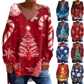 Женская модная повседневная футболка с длинными рукавами и рождественским принтом с V-образным вырезом XL синий