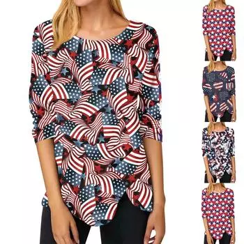 Женская модная повседневная футболка с длинными рукавами и круглым вырезом в честь Дня независимости, нестандартного цвета, футболка с длинными рукавами с принтом, топ XXL чёрный