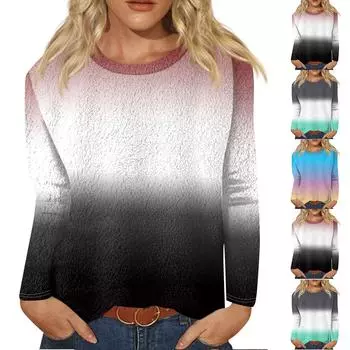 Женская модная повседневная футболка с длинными рукавами и круглым вырезом с градиентным цветом L чёрный