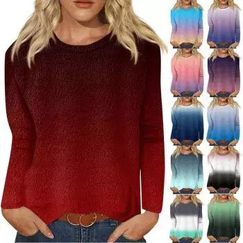 Женская модная повседневная футболка с длинными рукавами и круглым вырезом с градиентным цветом L чёрный